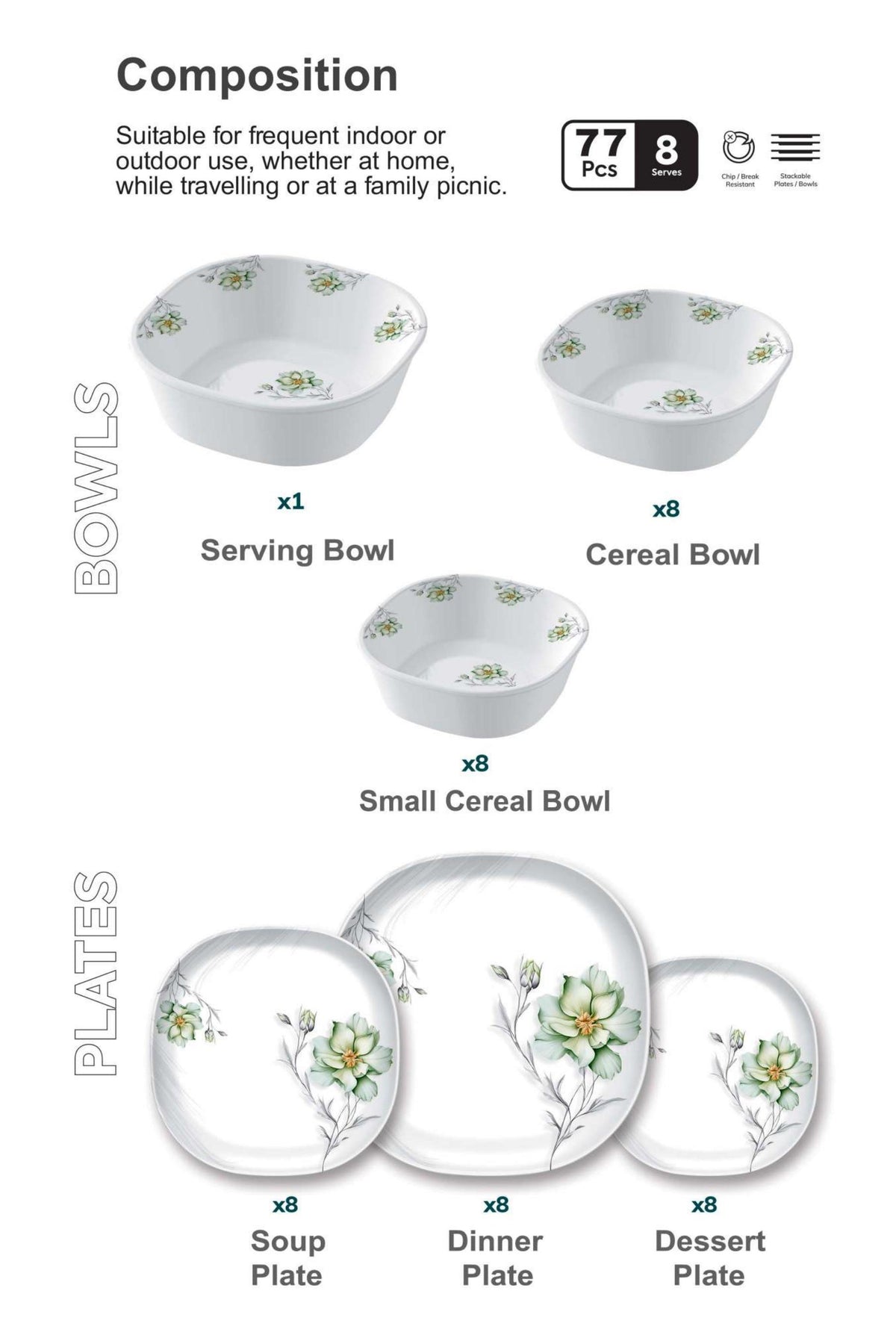 Dine Exactive 77-Pcs Melamine Dinner Set with Glass Lid – Autumn Leaf Design
