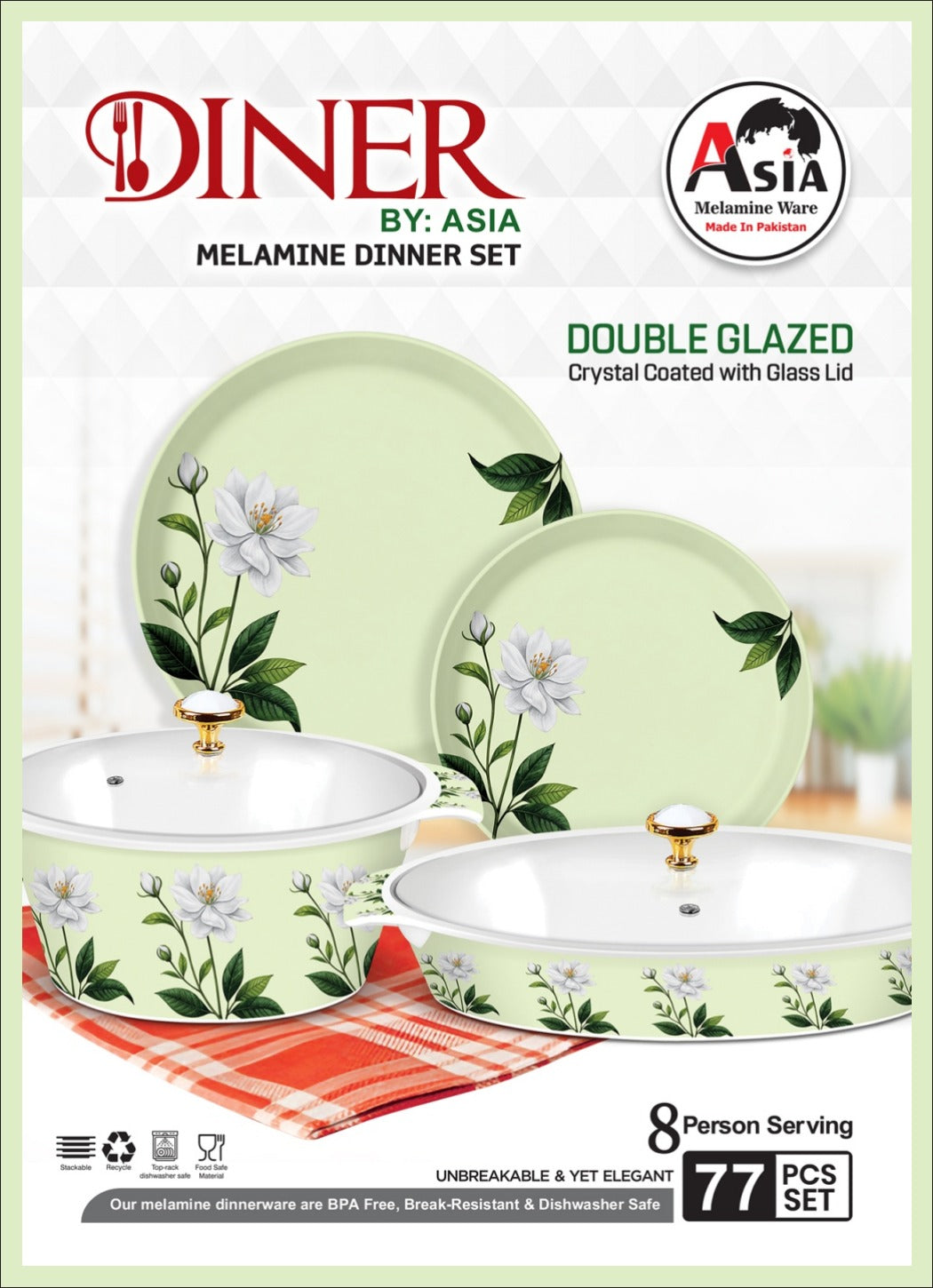 Diner by Asia 77-Piece Double Glazed Melamine Dinner Set – Crystal Coated with Glass Lid