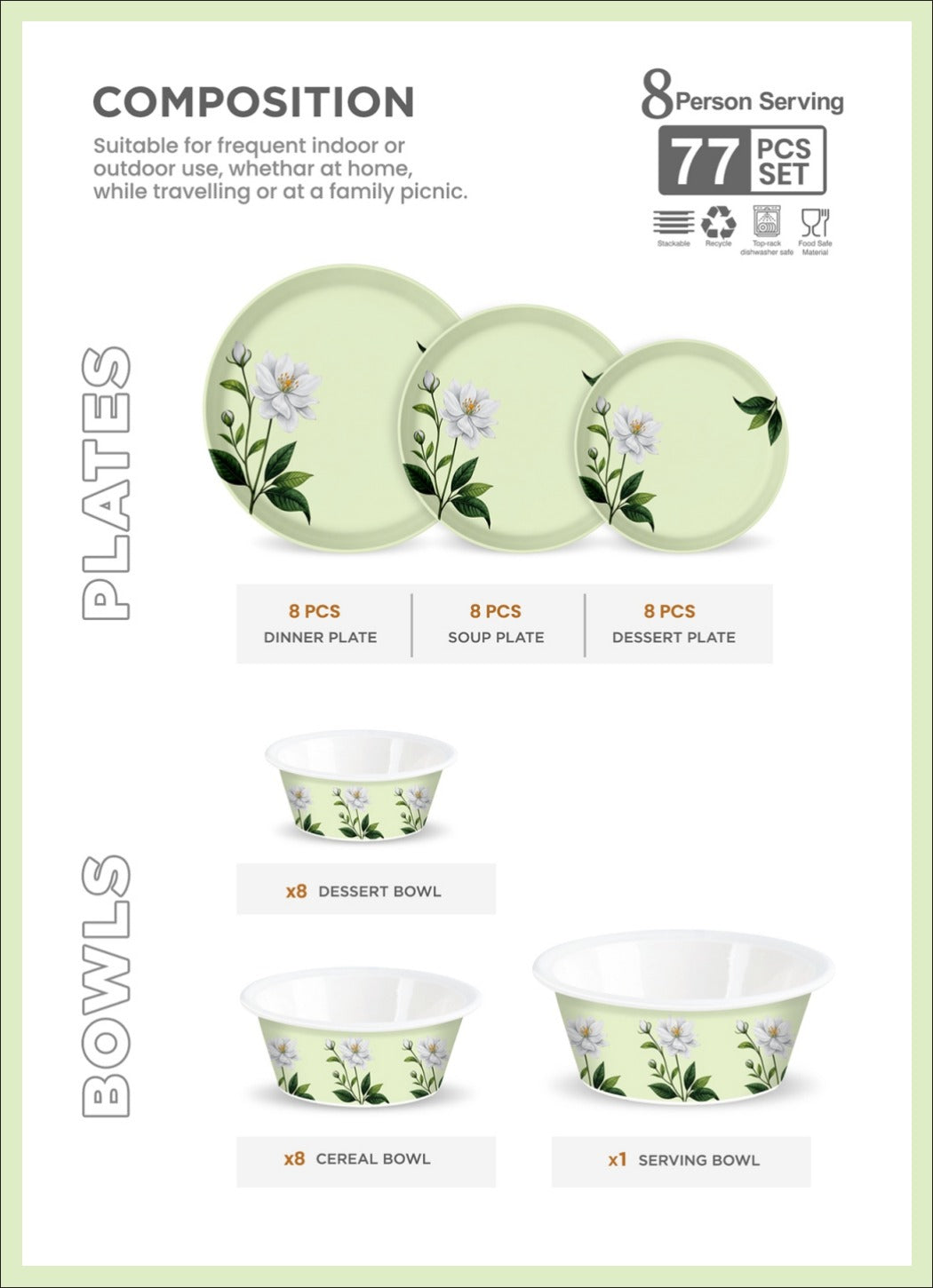 Diner by Asia 77-Piece Double Glazed Melamine Dinner Set – Crystal Coated with Glass Lid