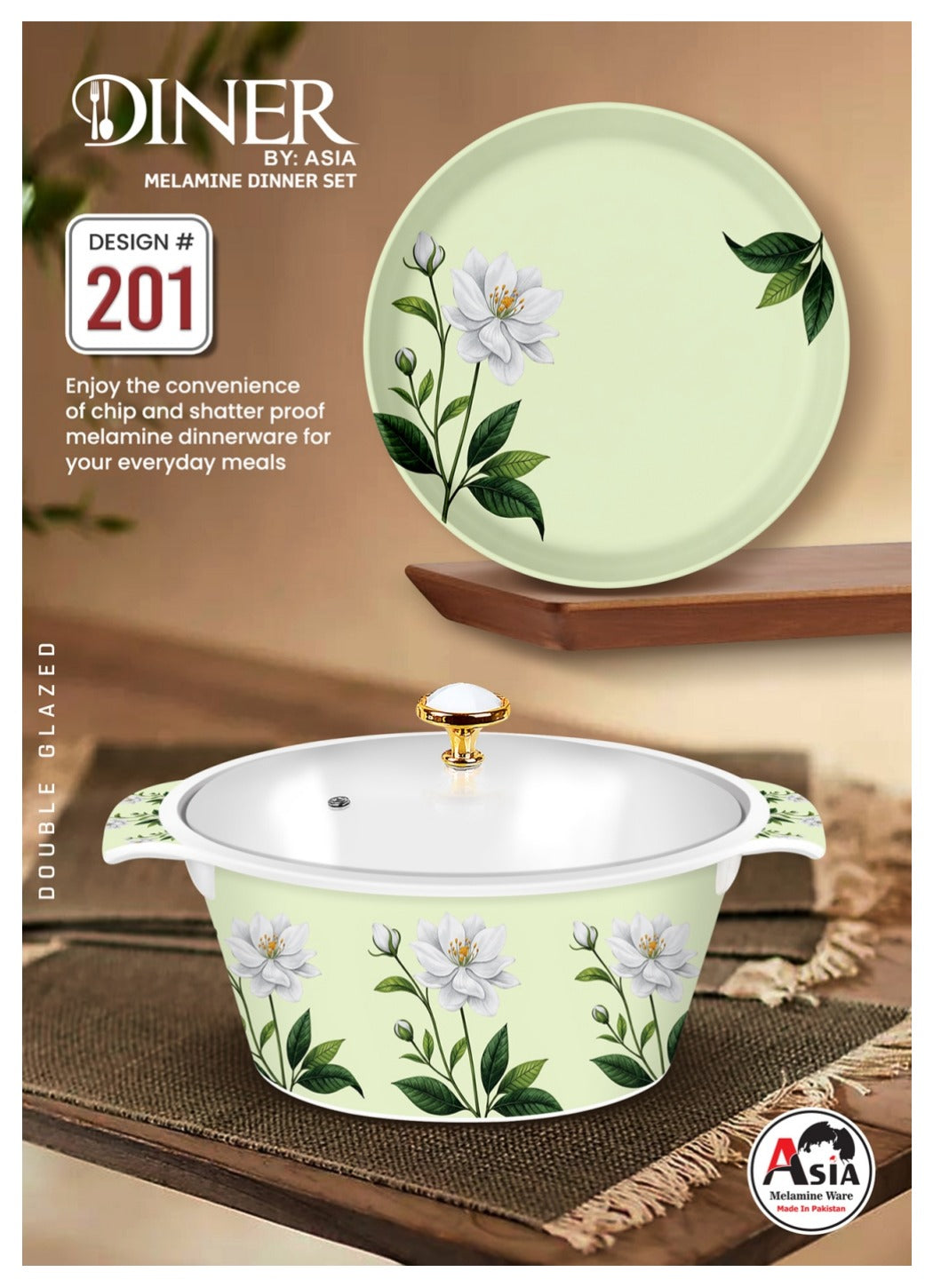 Diner by Asia 77-Piece Double Glazed Melamine Dinner Set – Crystal Coated with Glass Lid