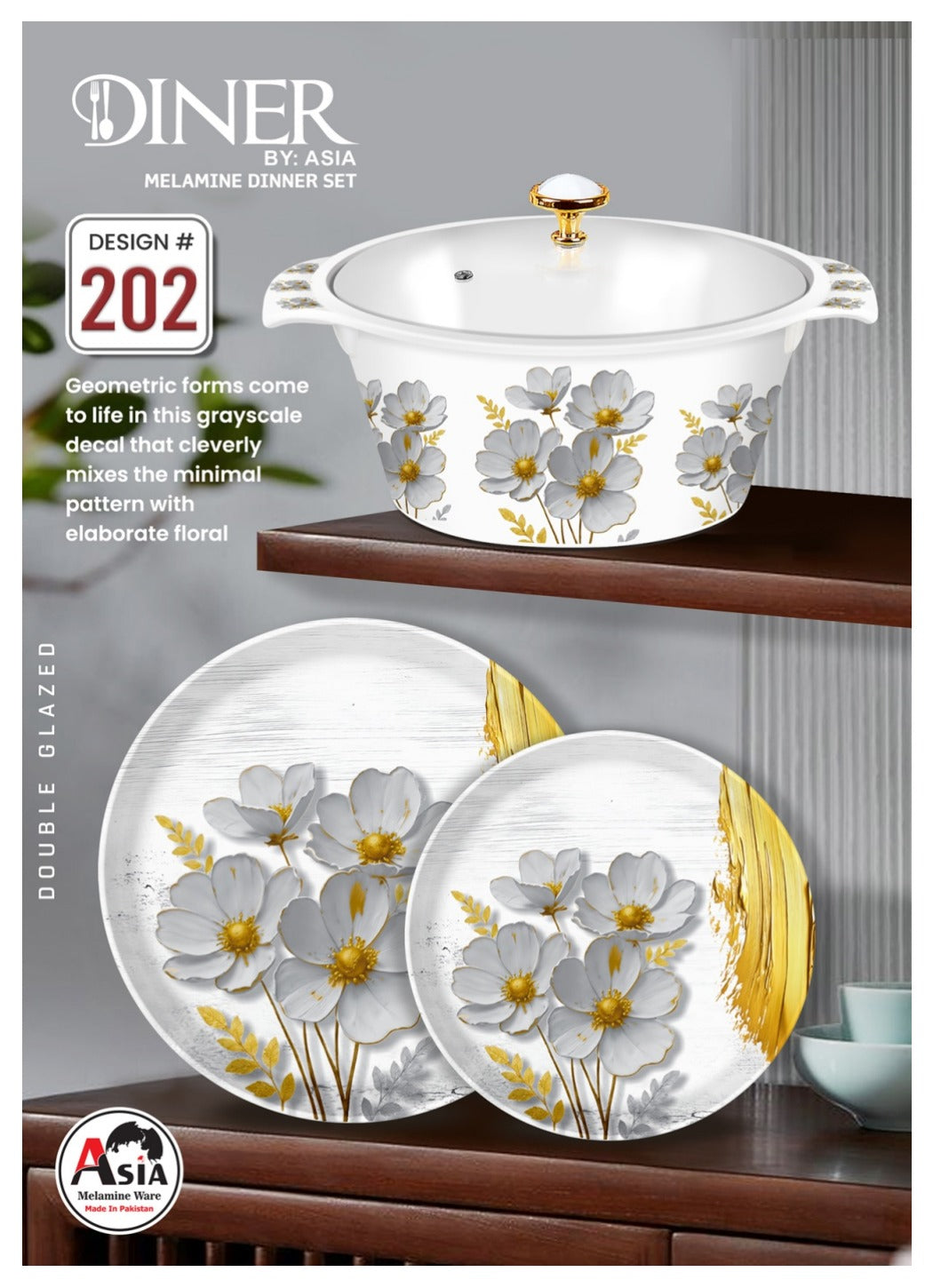 Diner by Asia 77-Piece Double Glazed Melamine Dinner Set – Crystal Coated with Glass Lid