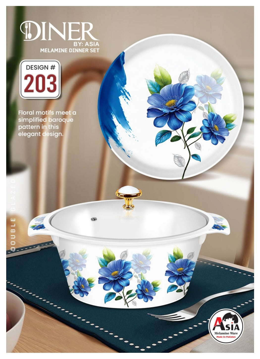 Diner by Asia 77-Piece Double Glazed Melamine Dinner Set – Crystal Coated with Glass Lid