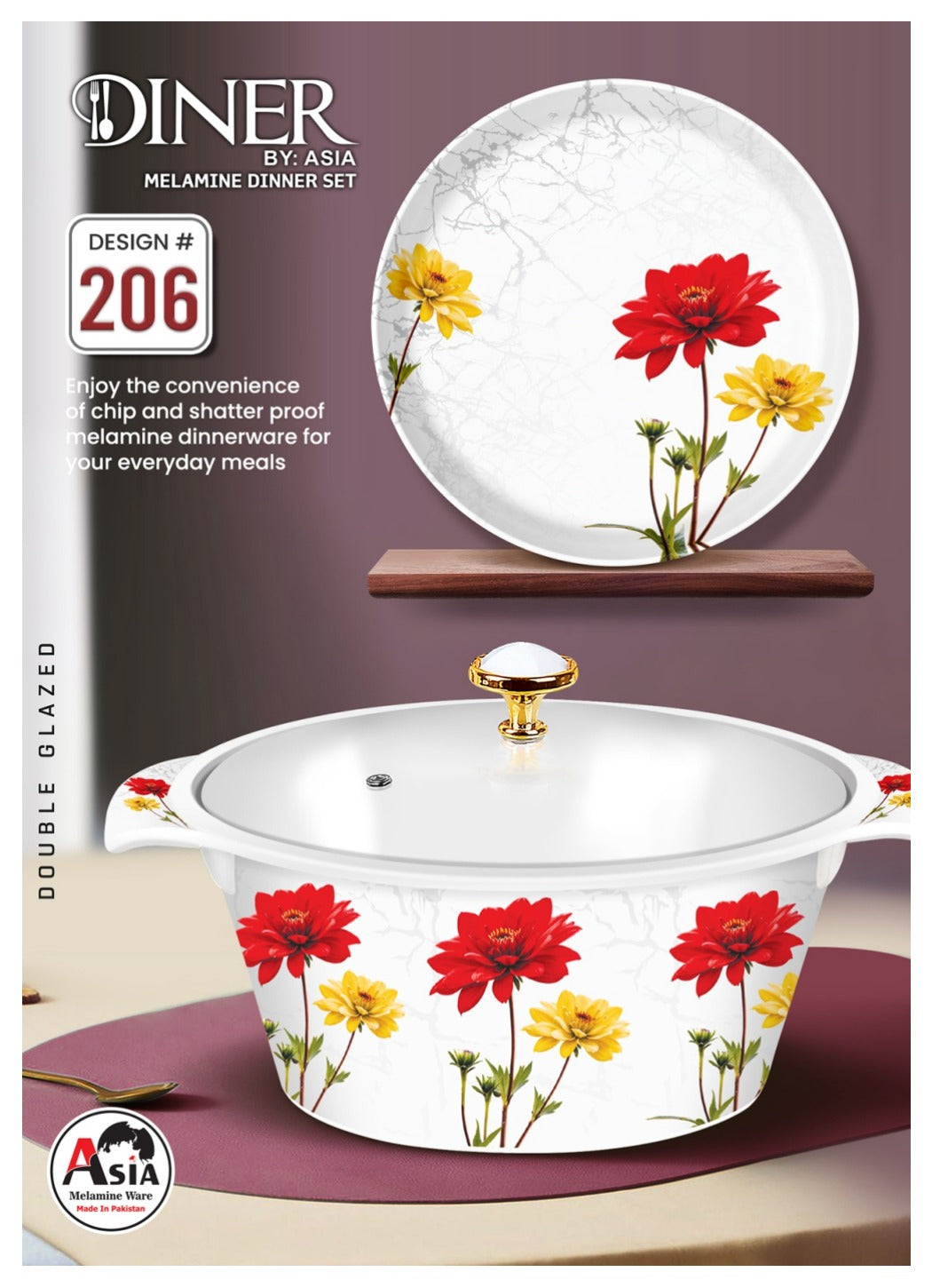 Diner by Asia 77-Piece Double Glazed Melamine Dinner Set – Crystal Coated with Glass Lid