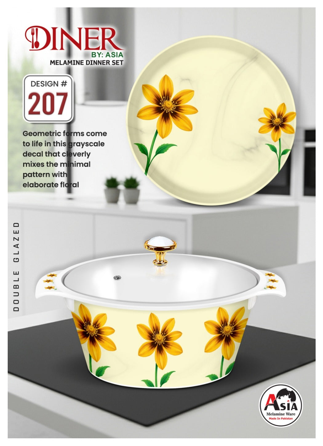 Diner by Asia 77-Piece Double Glazed Melamine Dinner Set – Crystal Coated with Glass Lid