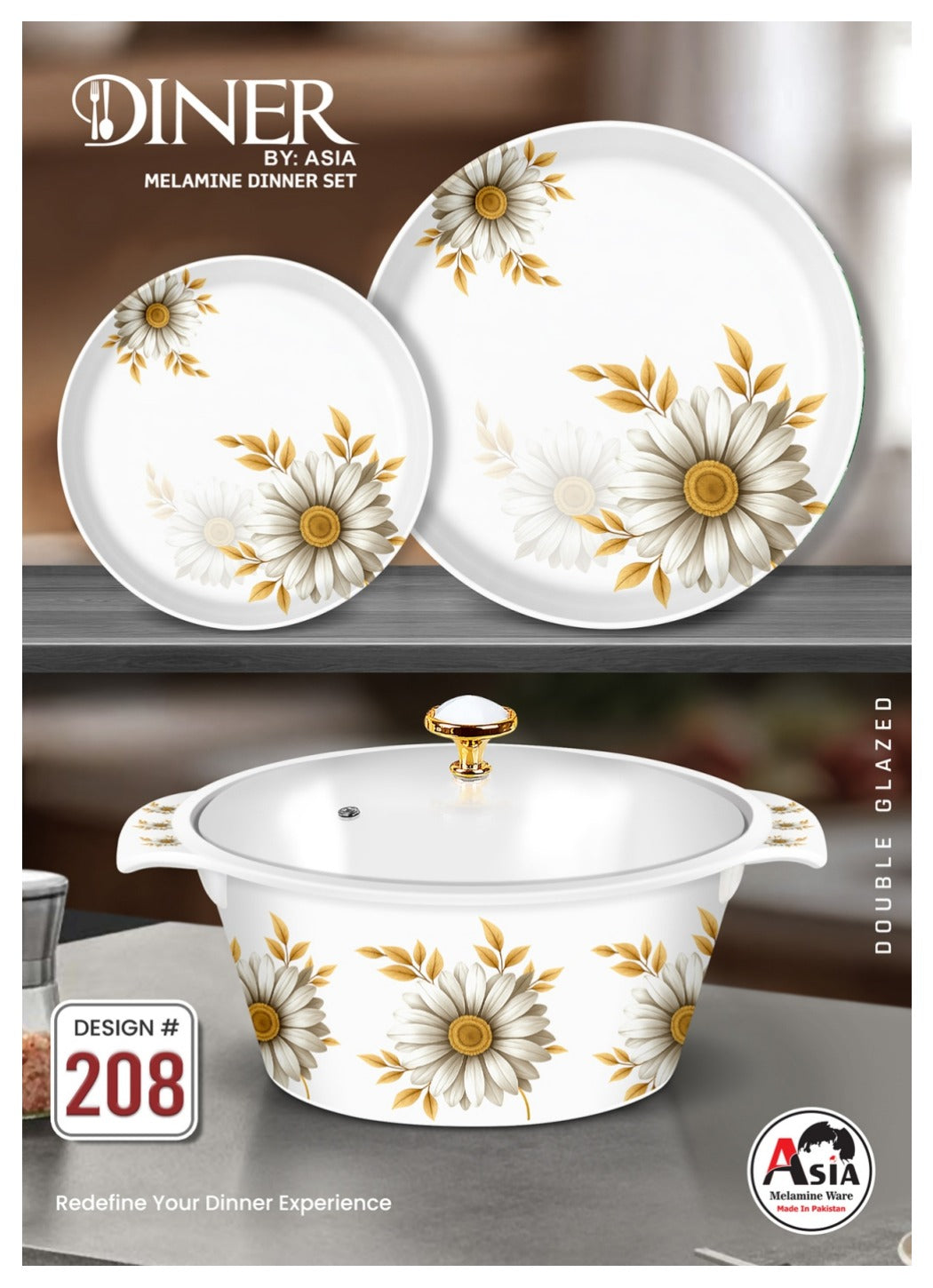 Diner by Asia 77-Piece Double Glazed Melamine Dinner Set – Crystal Coated with Glass Lid