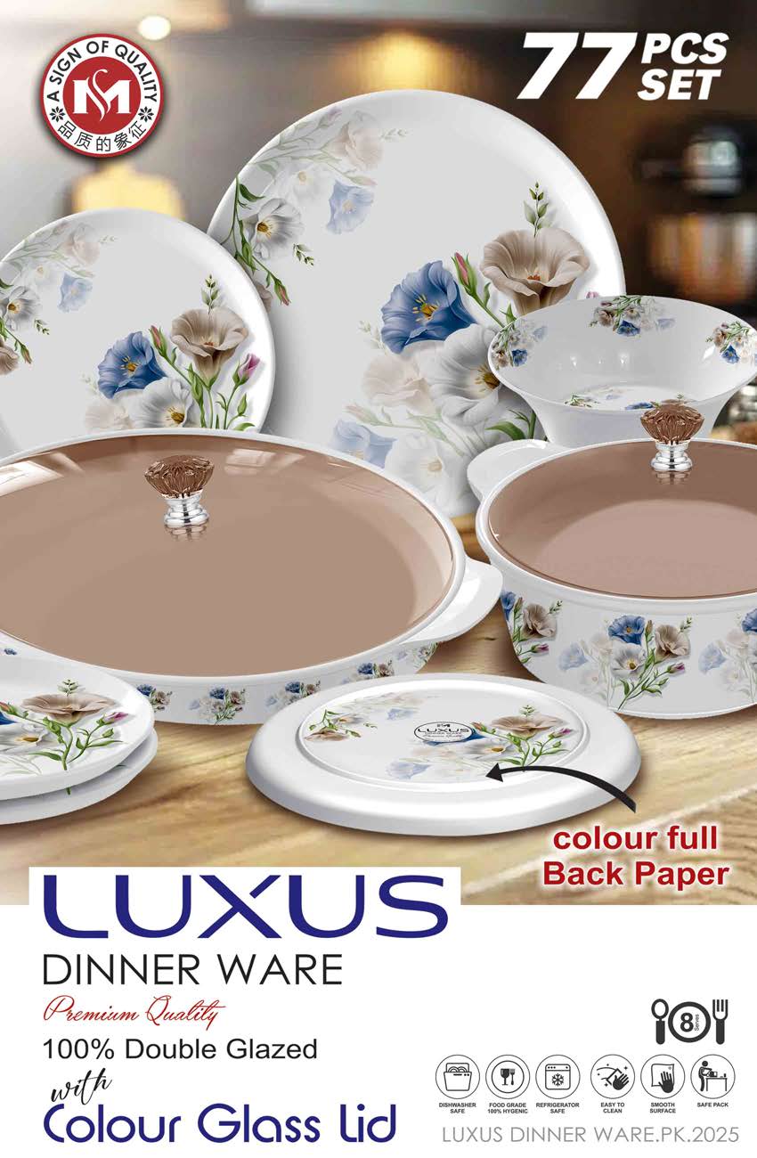 Luxus Dinnerware 77 Pcs Melamine Dinner Set – Premium Double Glazed with Colour Glass Lid