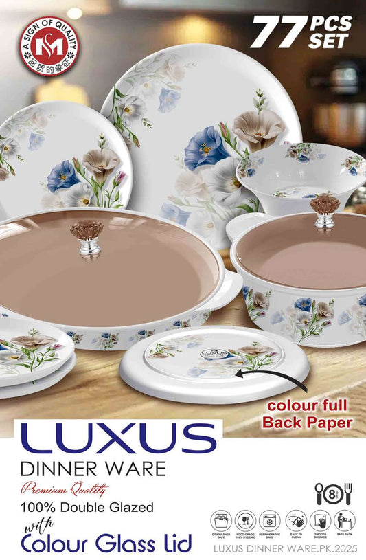 Luxus Dinnerware 77 Pcs Melamine Dinner Set – Premium Double Glazed with Colour Glass Lid