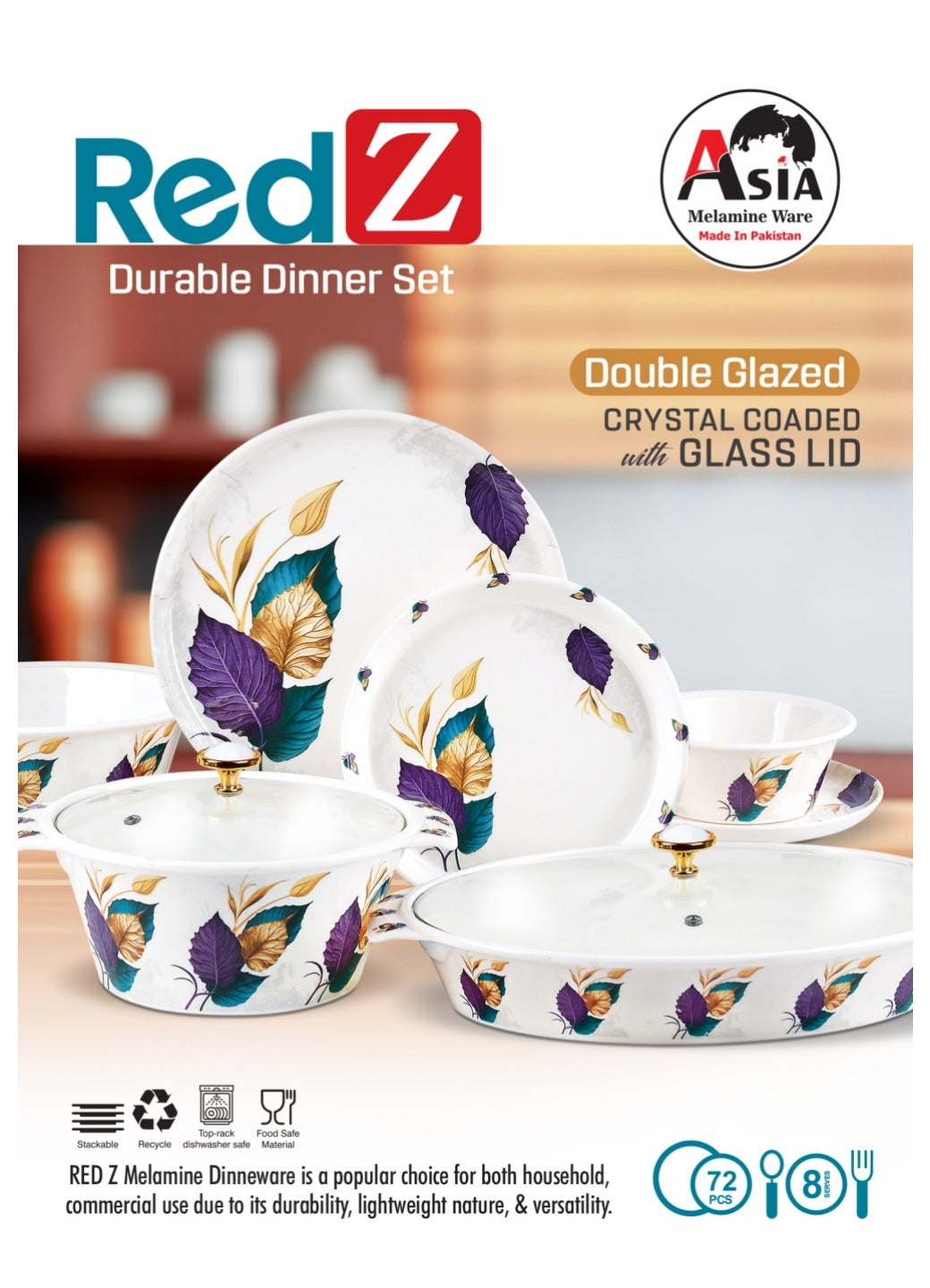 RedZ 72-Piece Double Glazed Melamine Dinner Set – Crystal Coated Dinnerware with Glass Lid | Serves 8