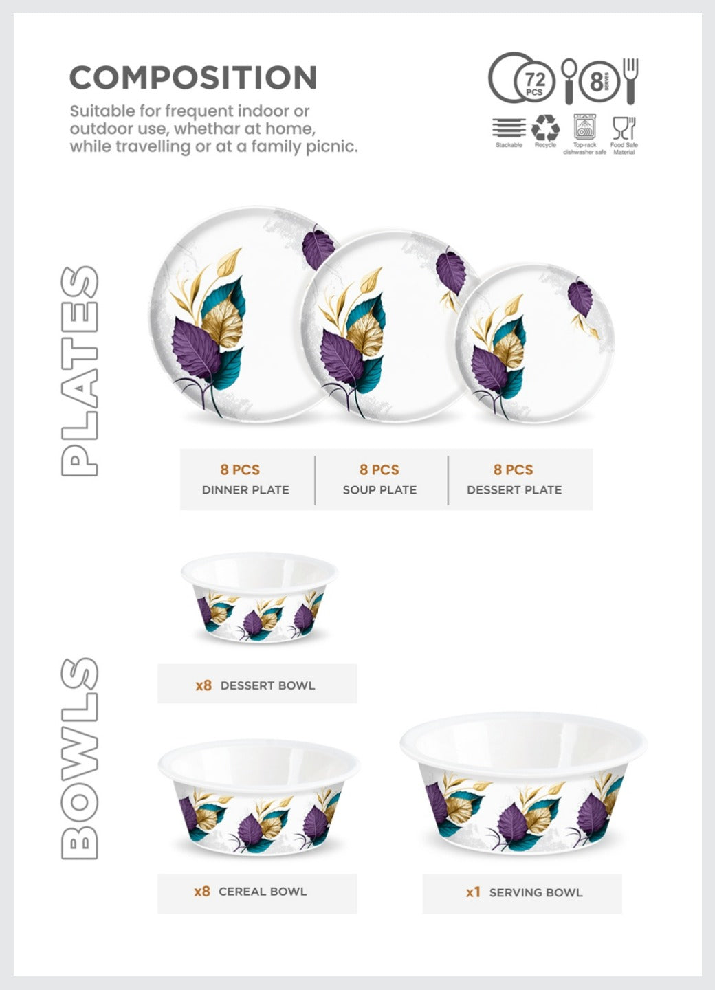 RedZ 72-Piece Double Glazed Melamine Dinner Set – Crystal Coated Dinnerware with Glass Lid | Serves 8