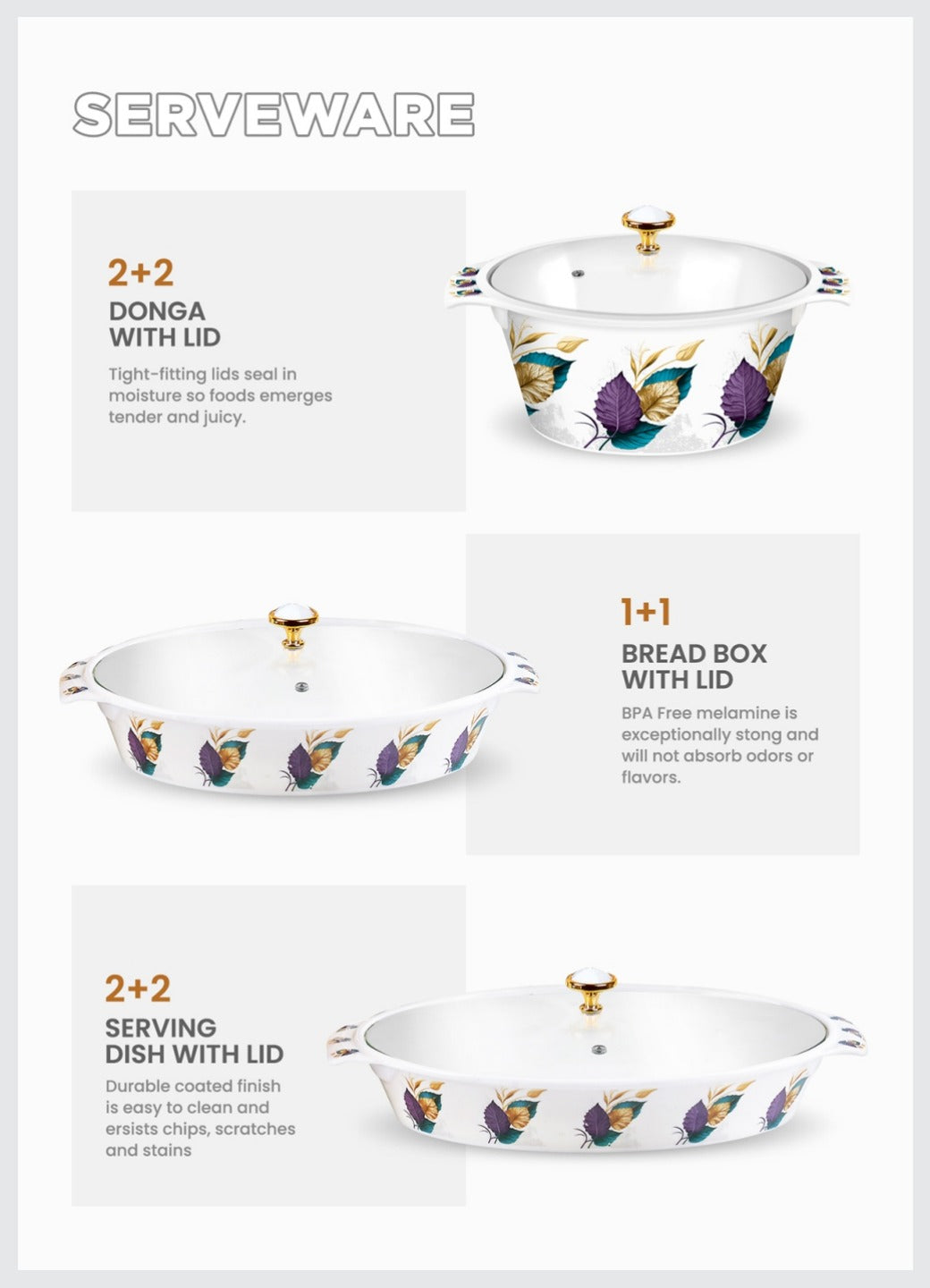 RedZ 72-Piece Double Glazed Melamine Dinner Set – Crystal Coated Dinnerware with Glass Lid | Serves 8
