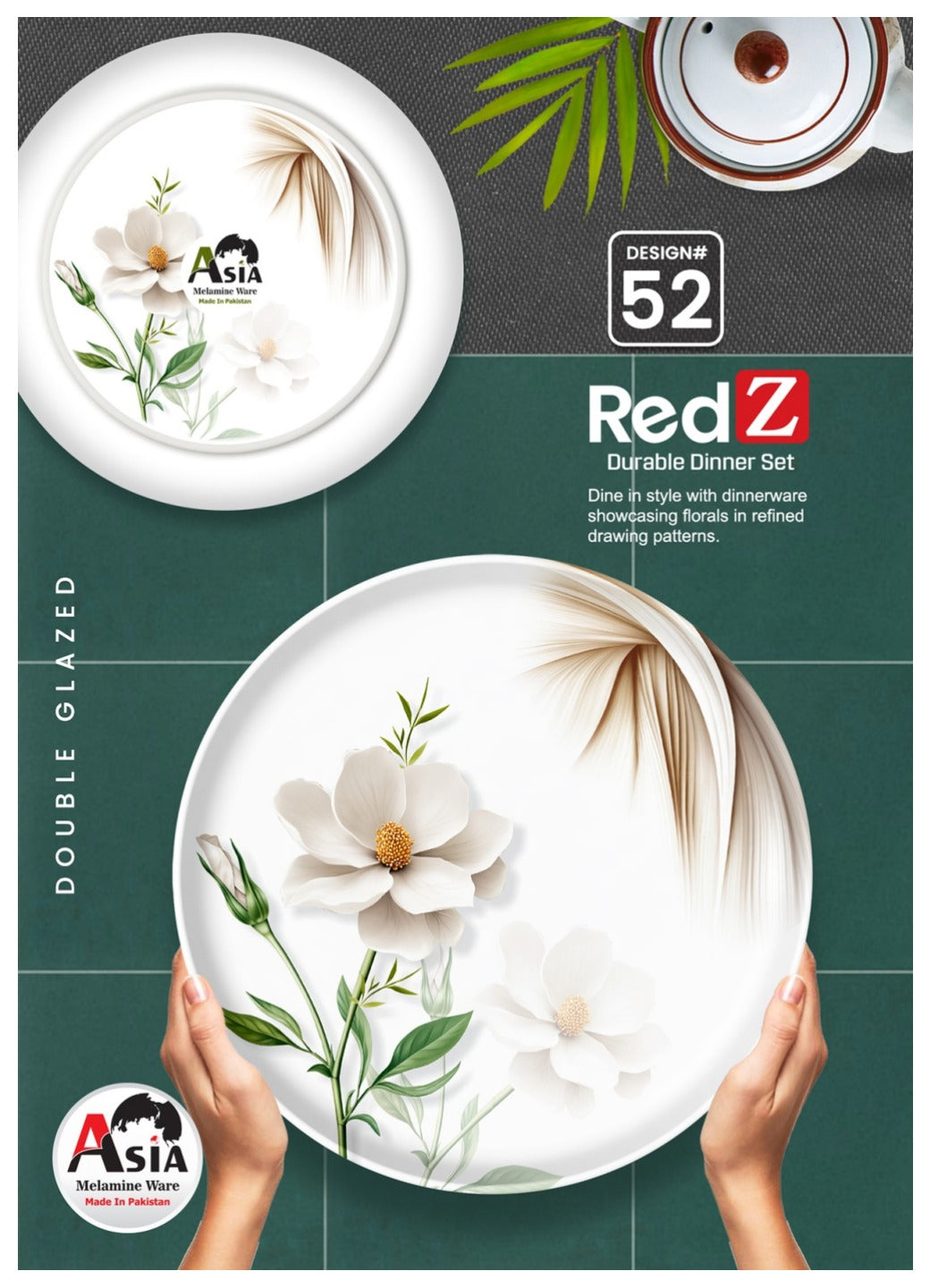 RedZ 72-Piece Double Glazed Melamine Dinner Set – Crystal Coated Dinnerware with Glass Lid | Serves 8