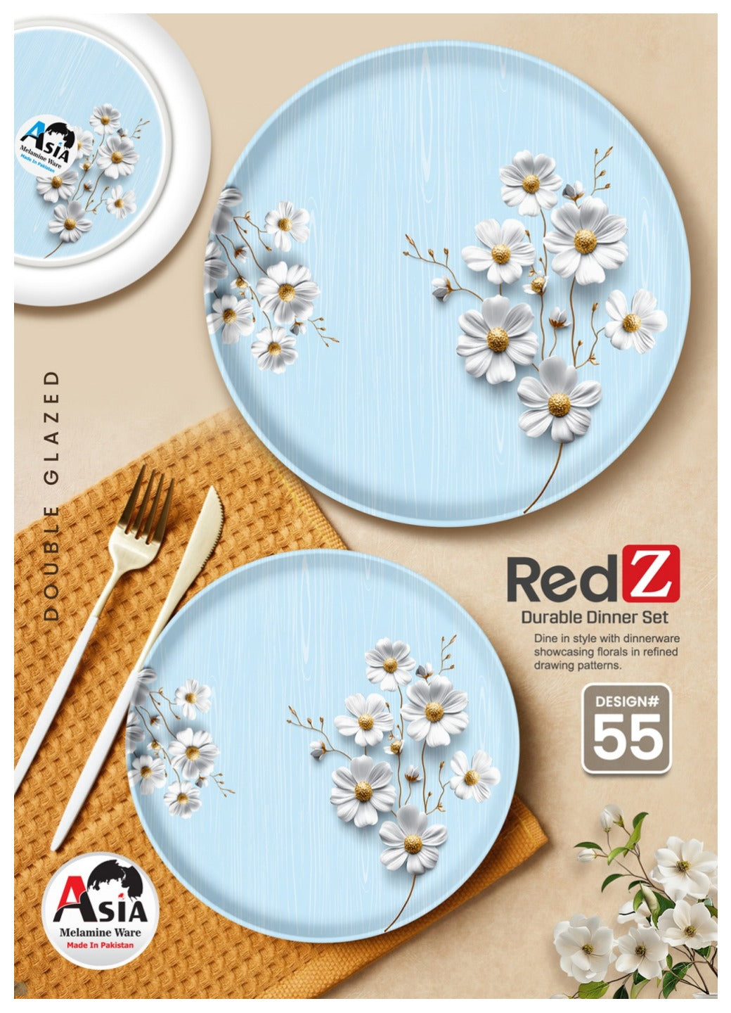 RedZ 72-Piece Double Glazed Melamine Dinner Set – Crystal Coated Dinnerware with Glass Lid | Serves 8