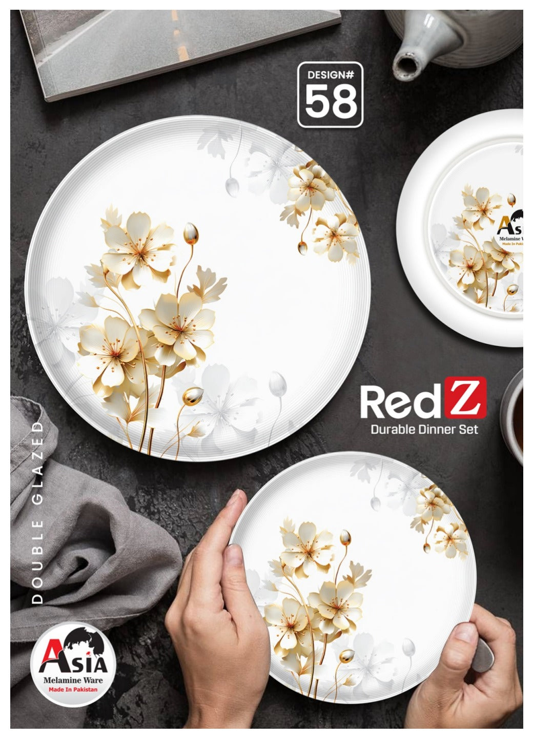 RedZ 72-Piece Double Glazed Melamine Dinner Set – Crystal Coated Dinnerware with Glass Lid | Serves 8