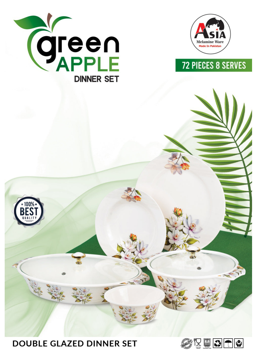 Green Apple 72-Piece Melamine Dinner Set – Double Glazed Unbreakable Dinnerware