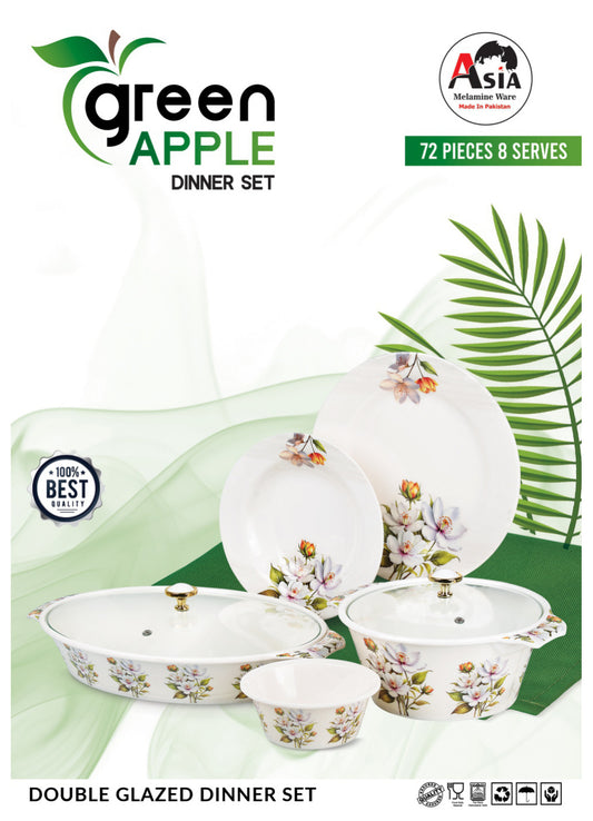 Green Apple 72-Piece Melamine Dinner Set – Double Glazed Unbreakable Dinnerware