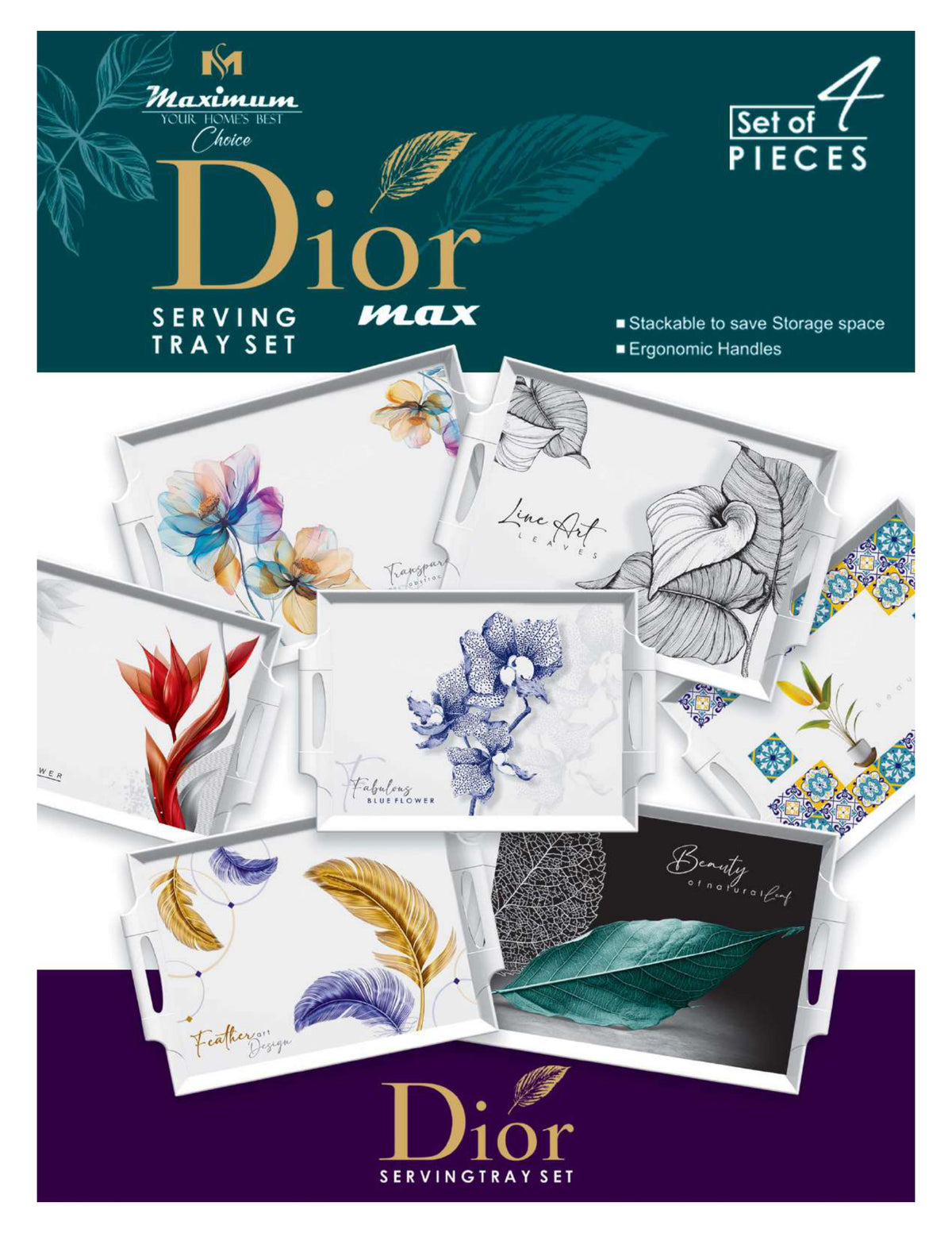 Dior Max Serving Tray Set — Set of 4 Stackable Break-Resistant Trays by Maximum