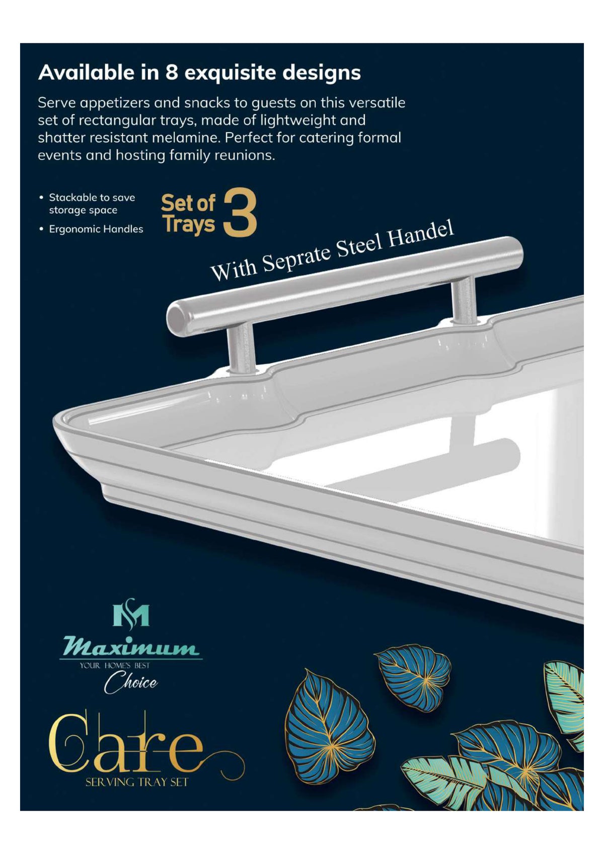 Care Serving Tray Set — 3 PC Stackable Melamine Trays with Steel Handles