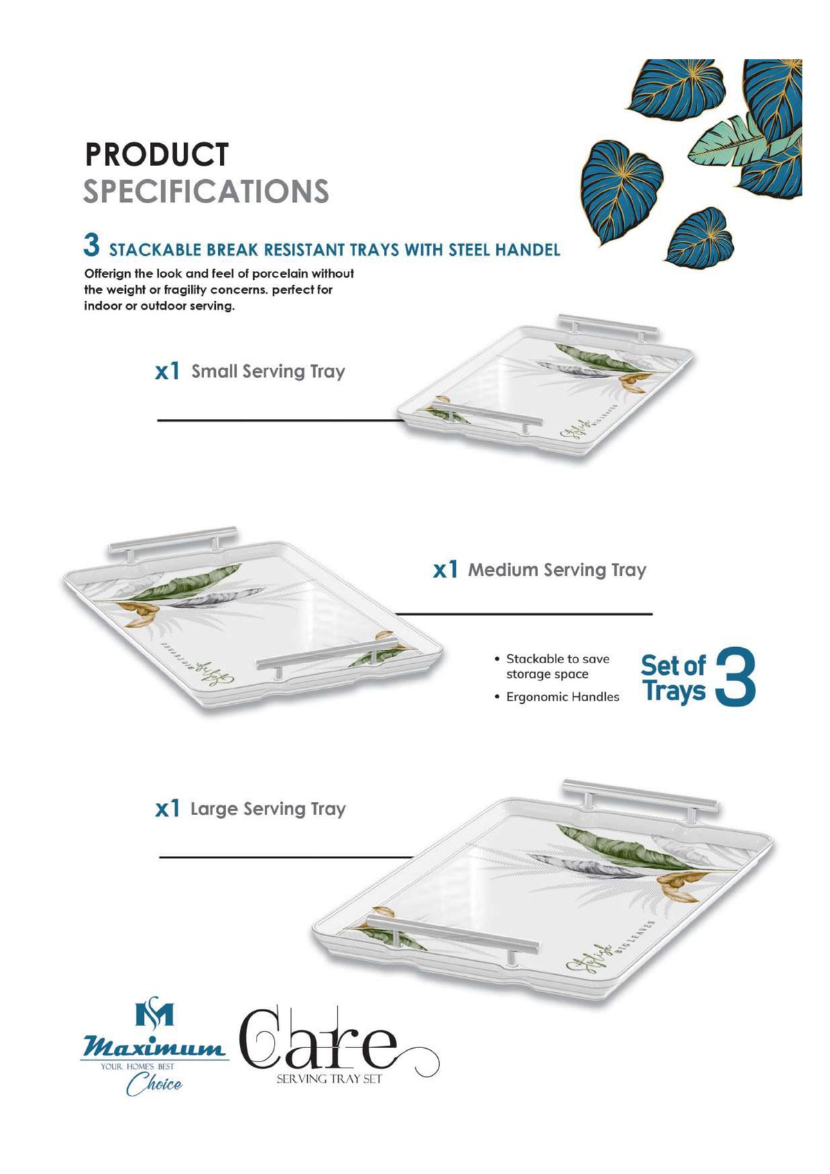 Care Serving Tray Set — 3 PC Stackable Melamine Trays with Steel Handles