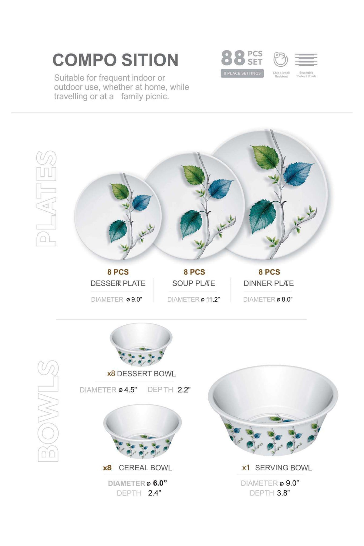 Signature Dinner Ware Set — 88 PCS Melamine Dinnerware with Crystal Coated Serveware | Maximum