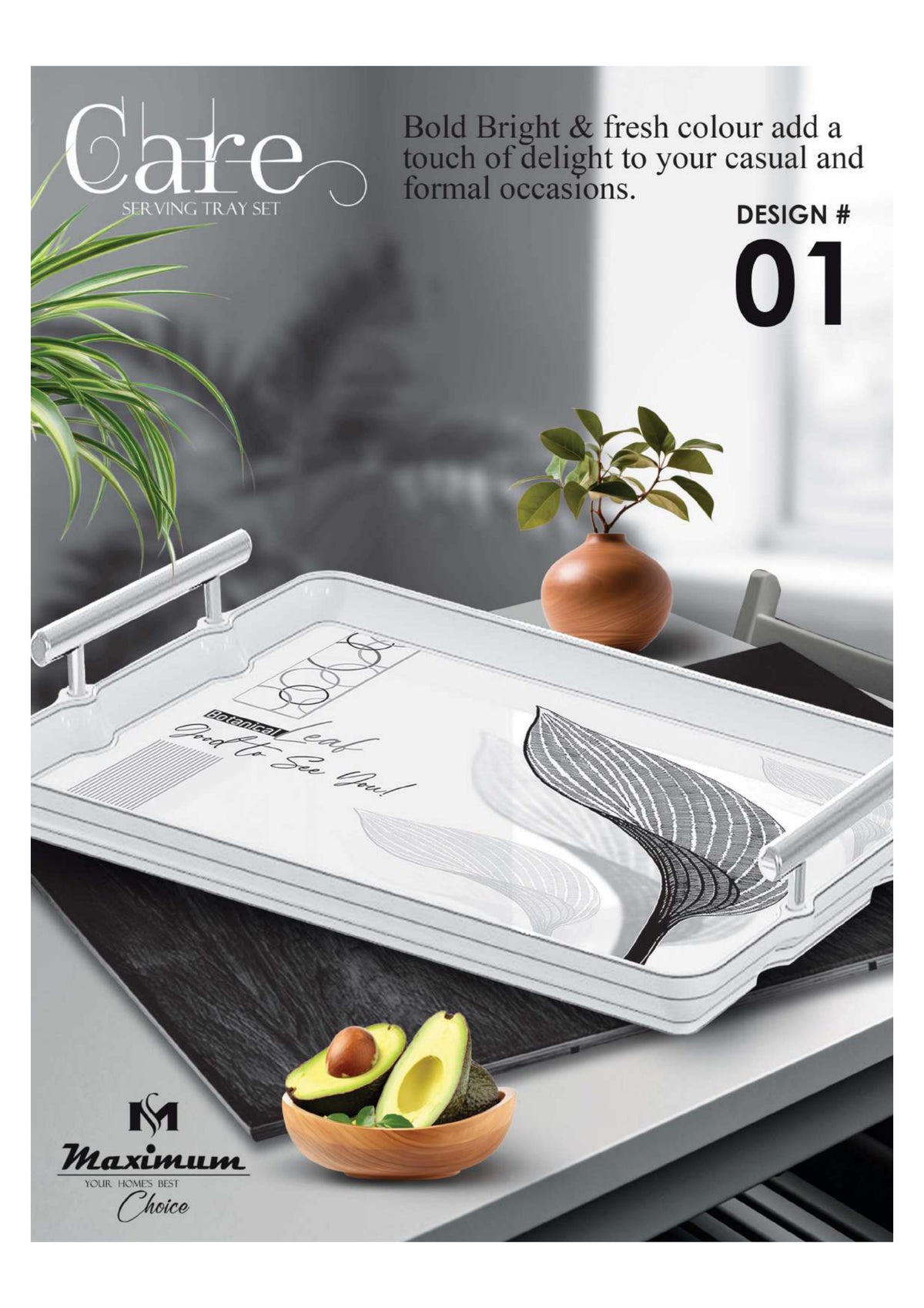 Care Serving Tray Set — 3 PC Stackable Melamine Trays with Steel Handles