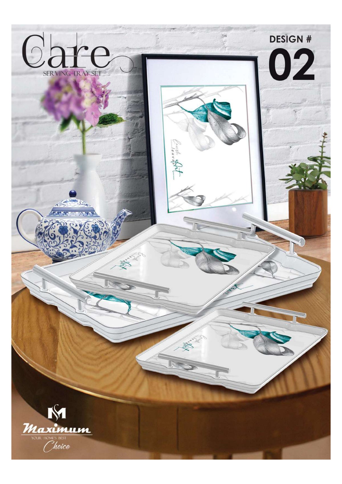 Care Serving Tray Set — 3 PC Stackable Melamine Trays with Steel Handles