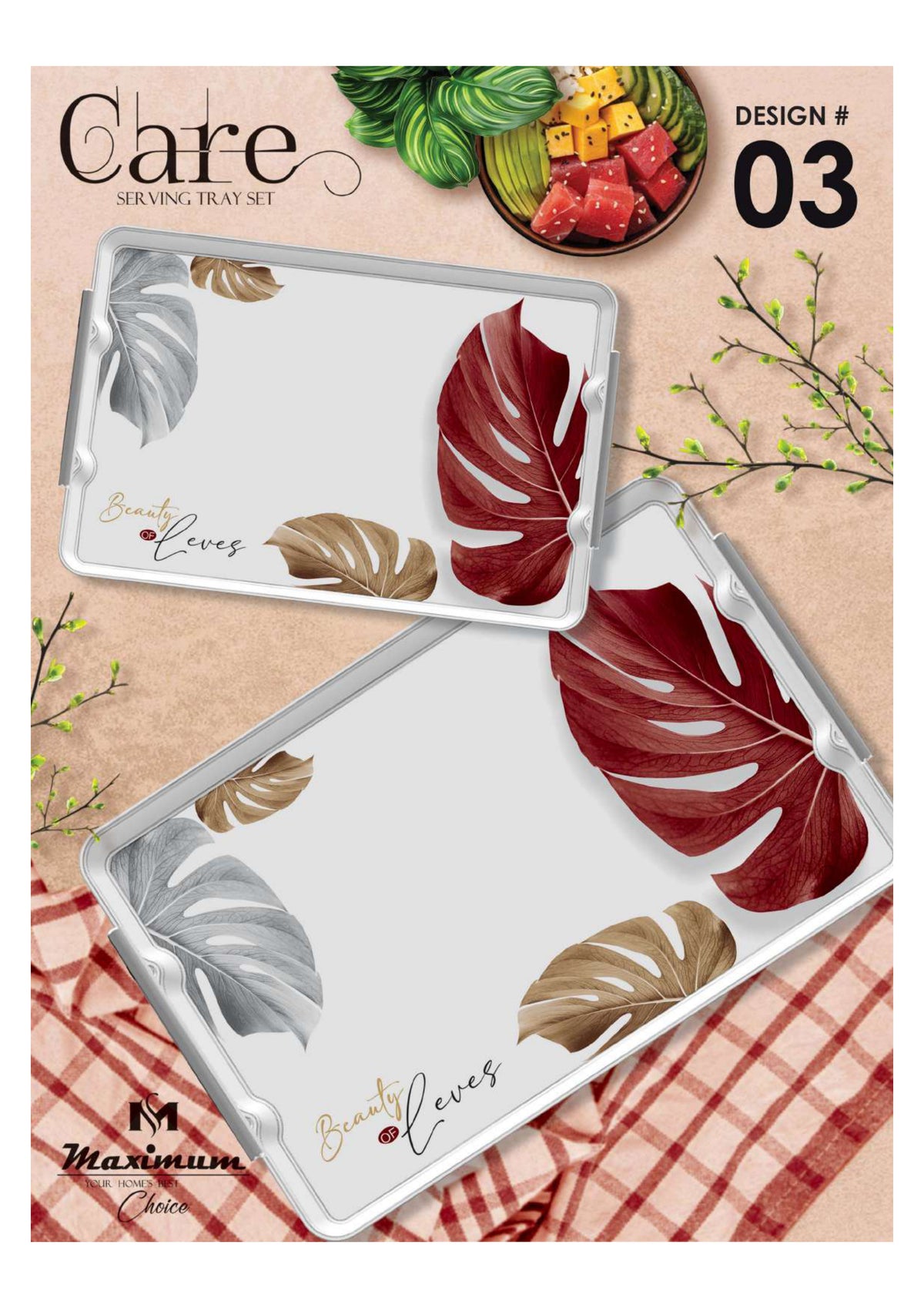 Care Serving Tray Set — 3 PC Stackable Melamine Trays with Steel Handles