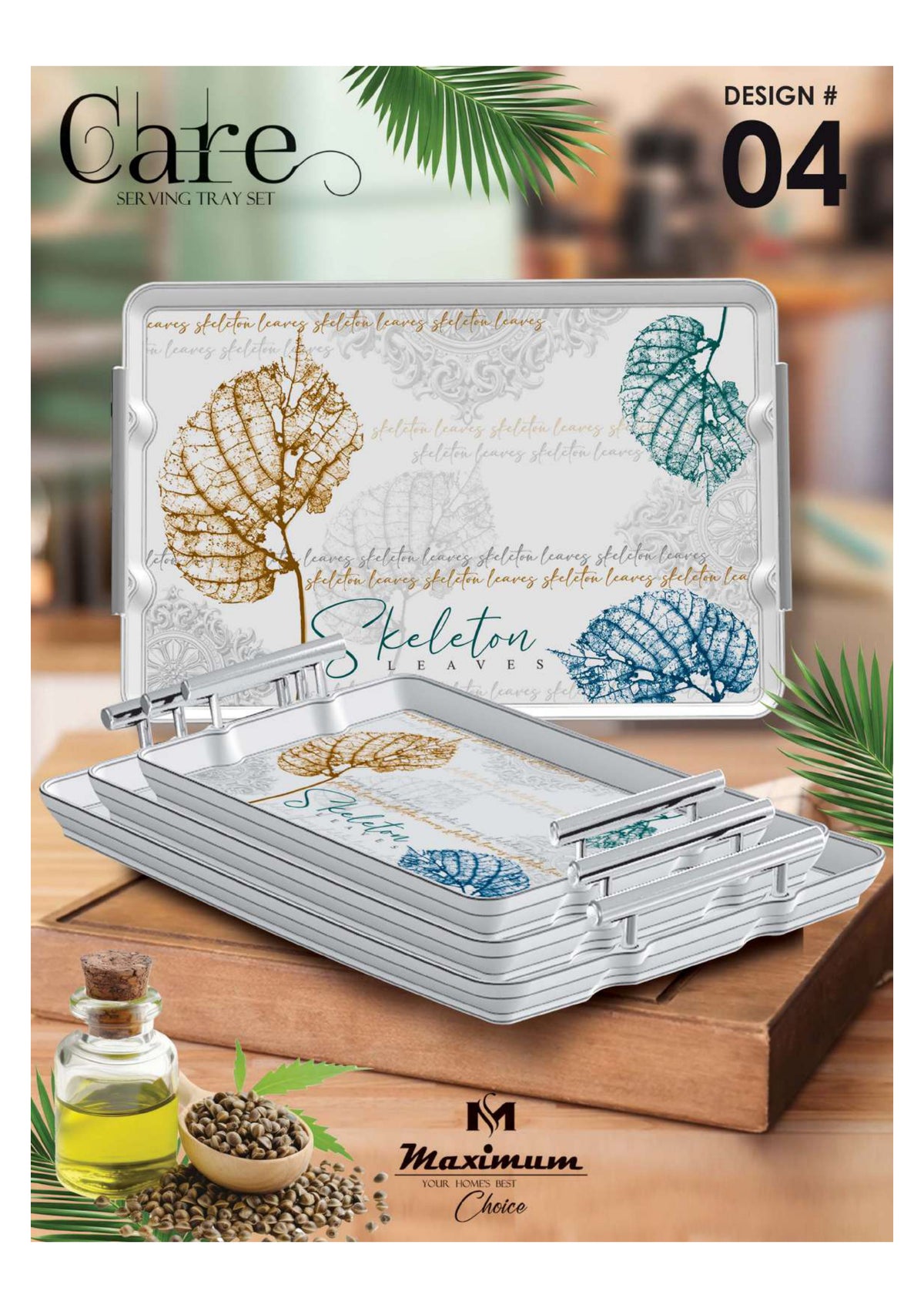 Care Serving Tray Set — 3 PC Stackable Melamine Trays with Steel Handles