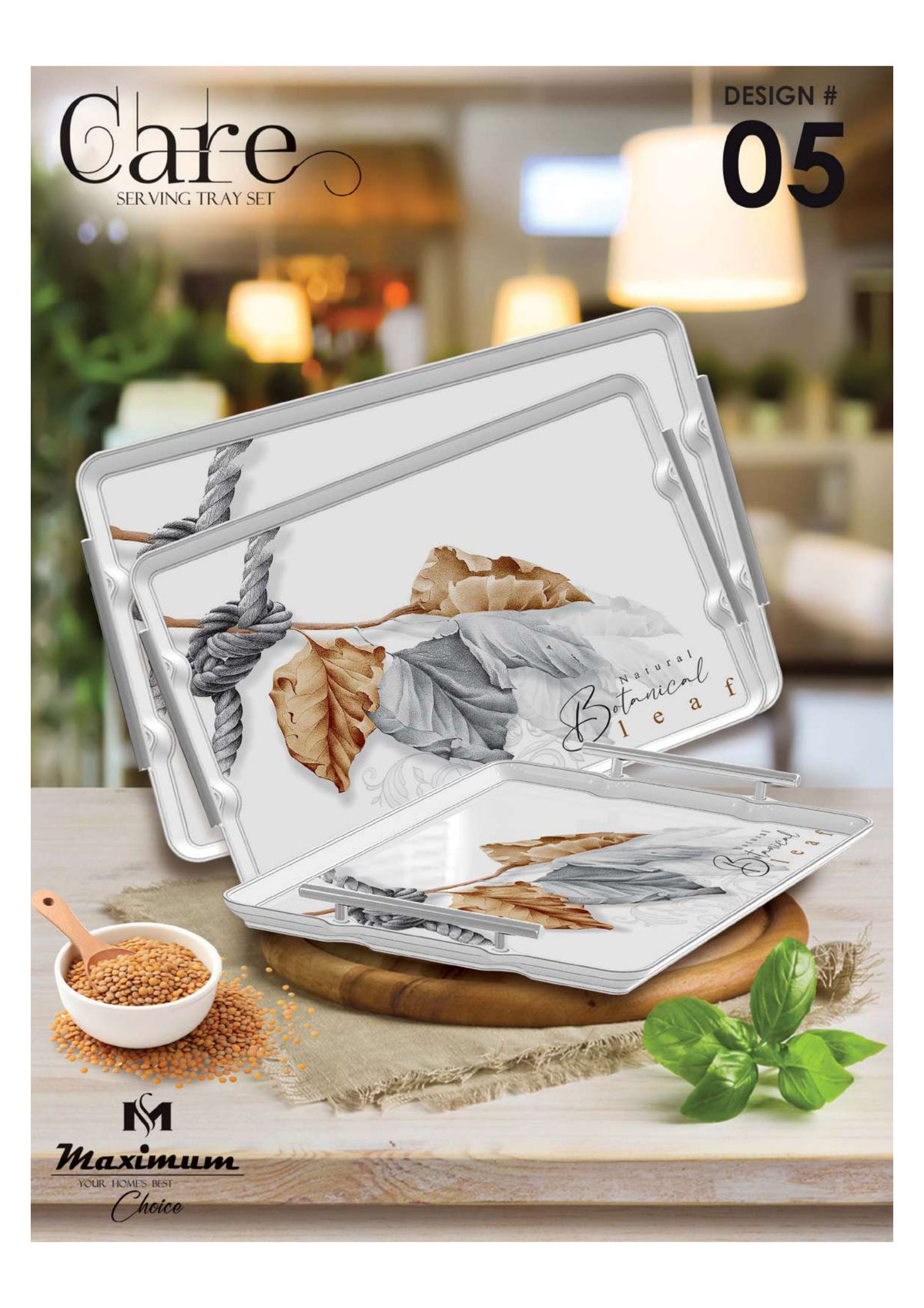 Care Serving Tray Set — 3 PC Stackable Melamine Trays with Steel Handles