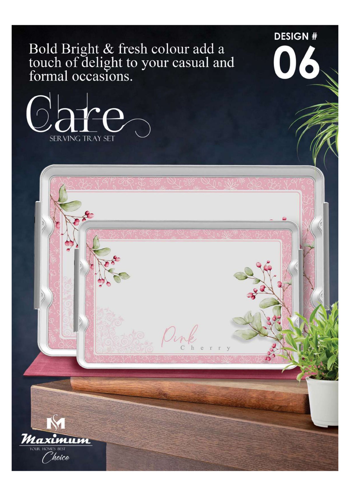 Care Serving Tray Set — 3 PC Stackable Melamine Trays with Steel Handles