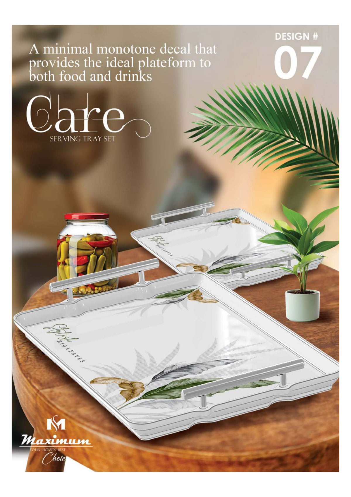 Care Serving Tray Set — 3 PC Stackable Melamine Trays with Steel Handles