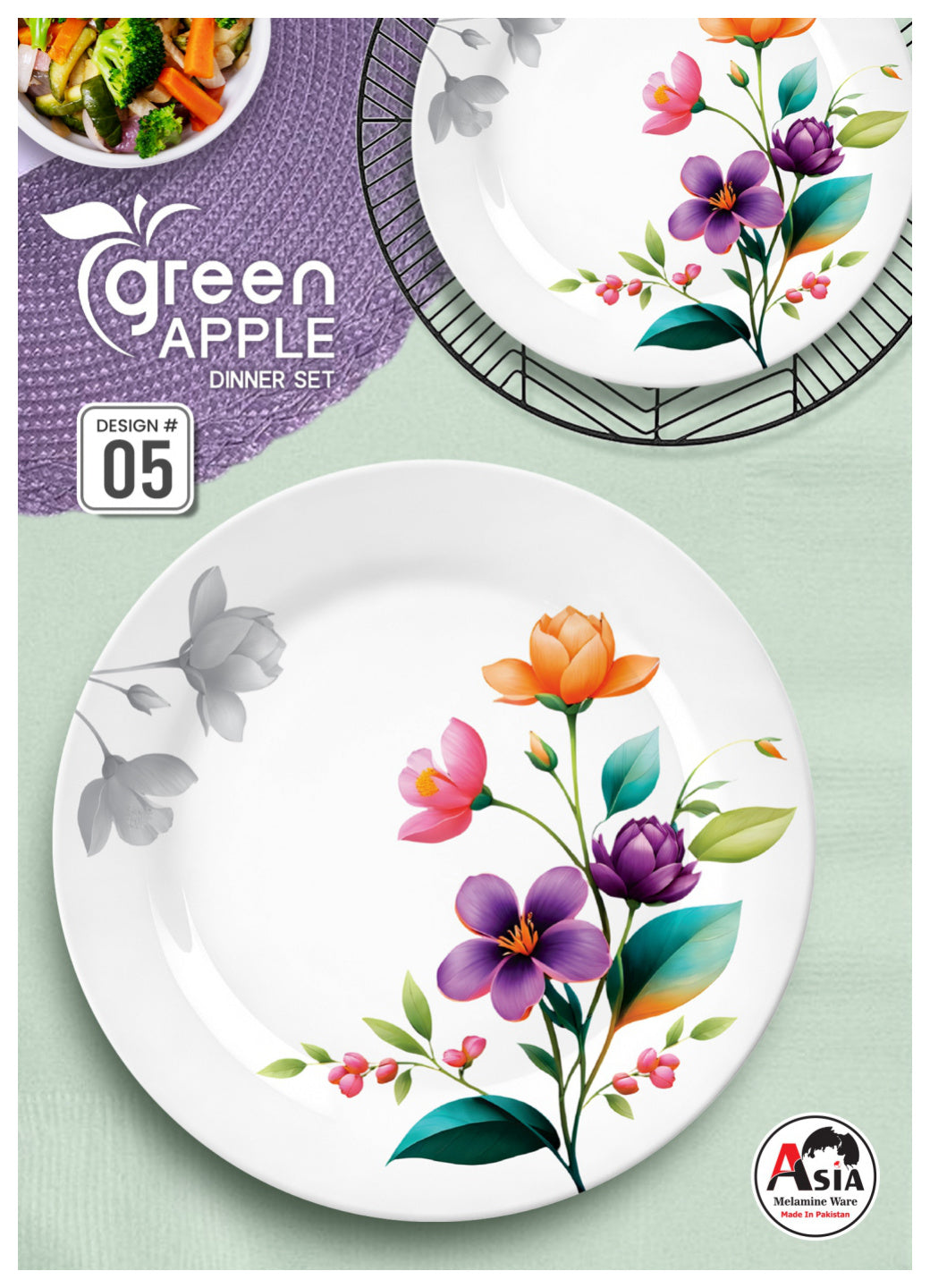 Green Apple 72-Piece Melamine Dinner Set – Double Glazed Unbreakable Dinnerware
