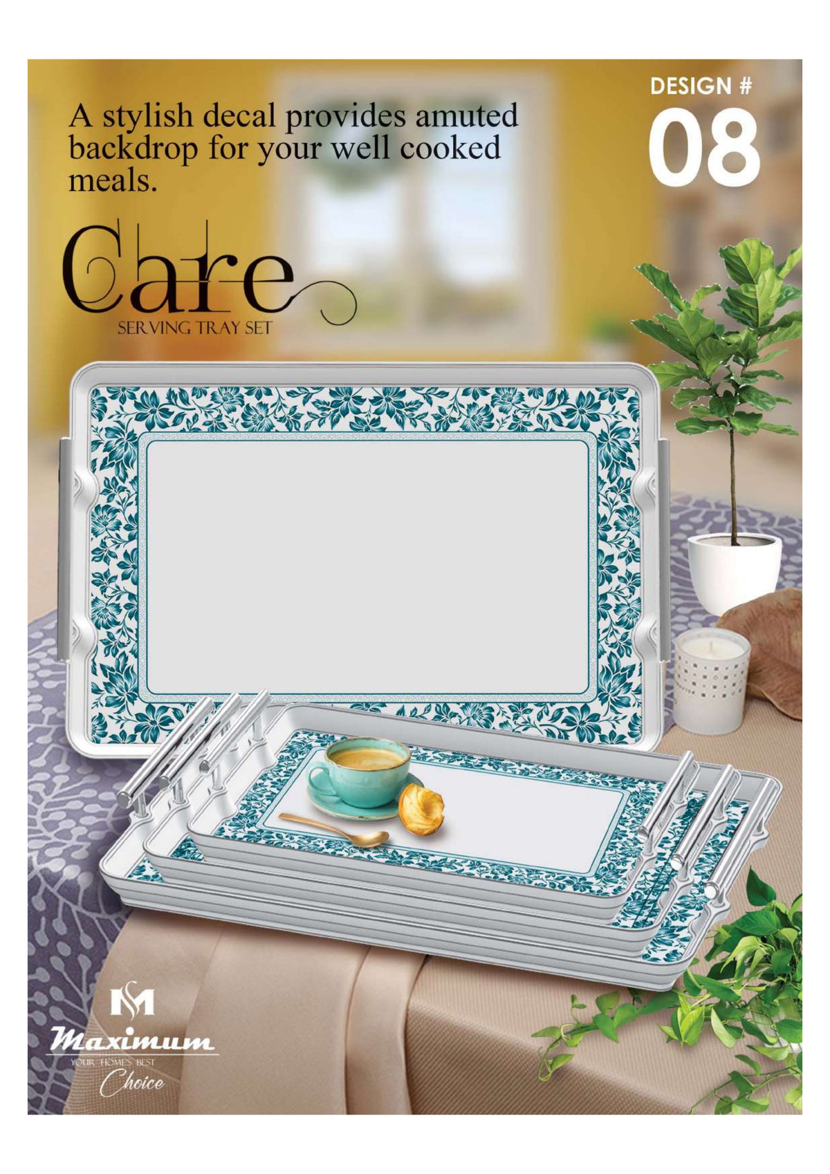 Care Serving Tray Set — 3 PC Stackable Melamine Trays with Steel Handles