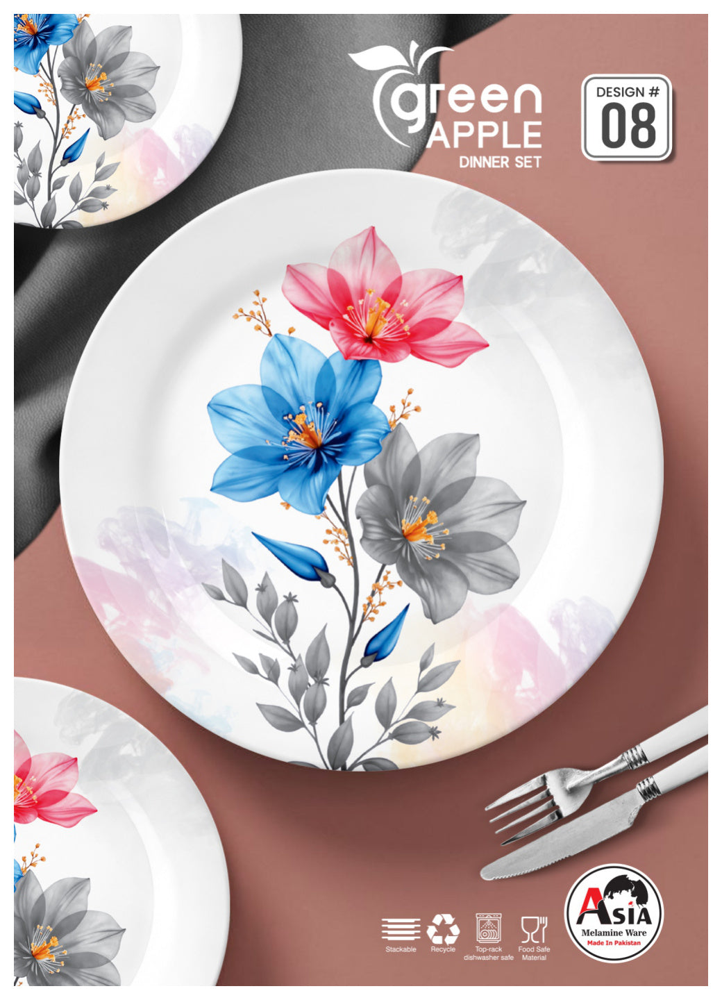 Green Apple 72-Piece Melamine Dinner Set – Double Glazed Unbreakable Dinnerware