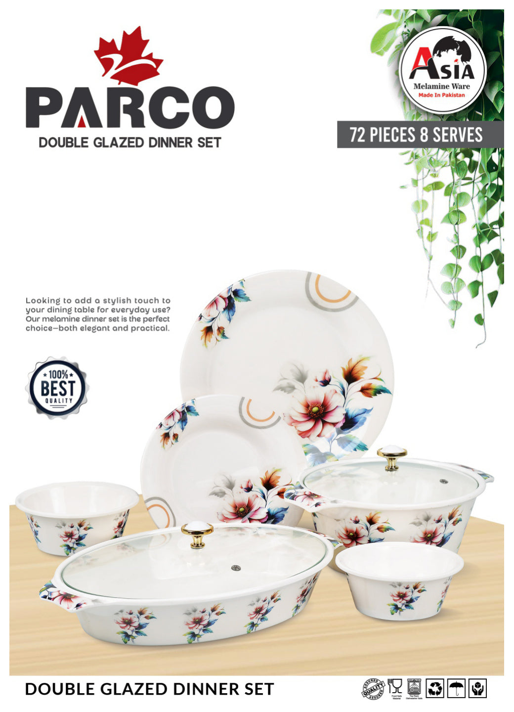 Parco 72-Piece Melamine Dinner Set – Double Glazed Unbreakable Dinnerware
